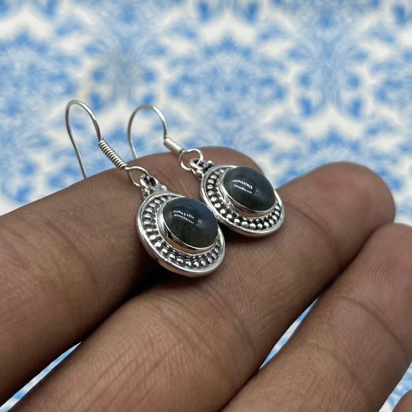 Natural Labradorite Round Dangle Earrings with Handmade Silver Work