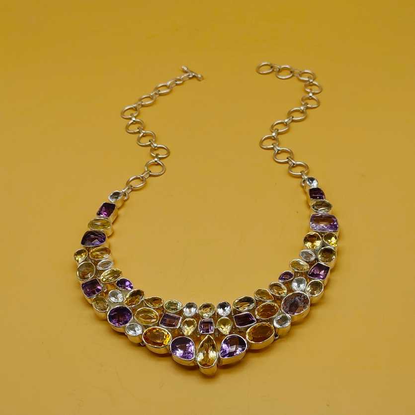 Multi Stone Chunky 925 Silver Necklace Handmade Artisan India