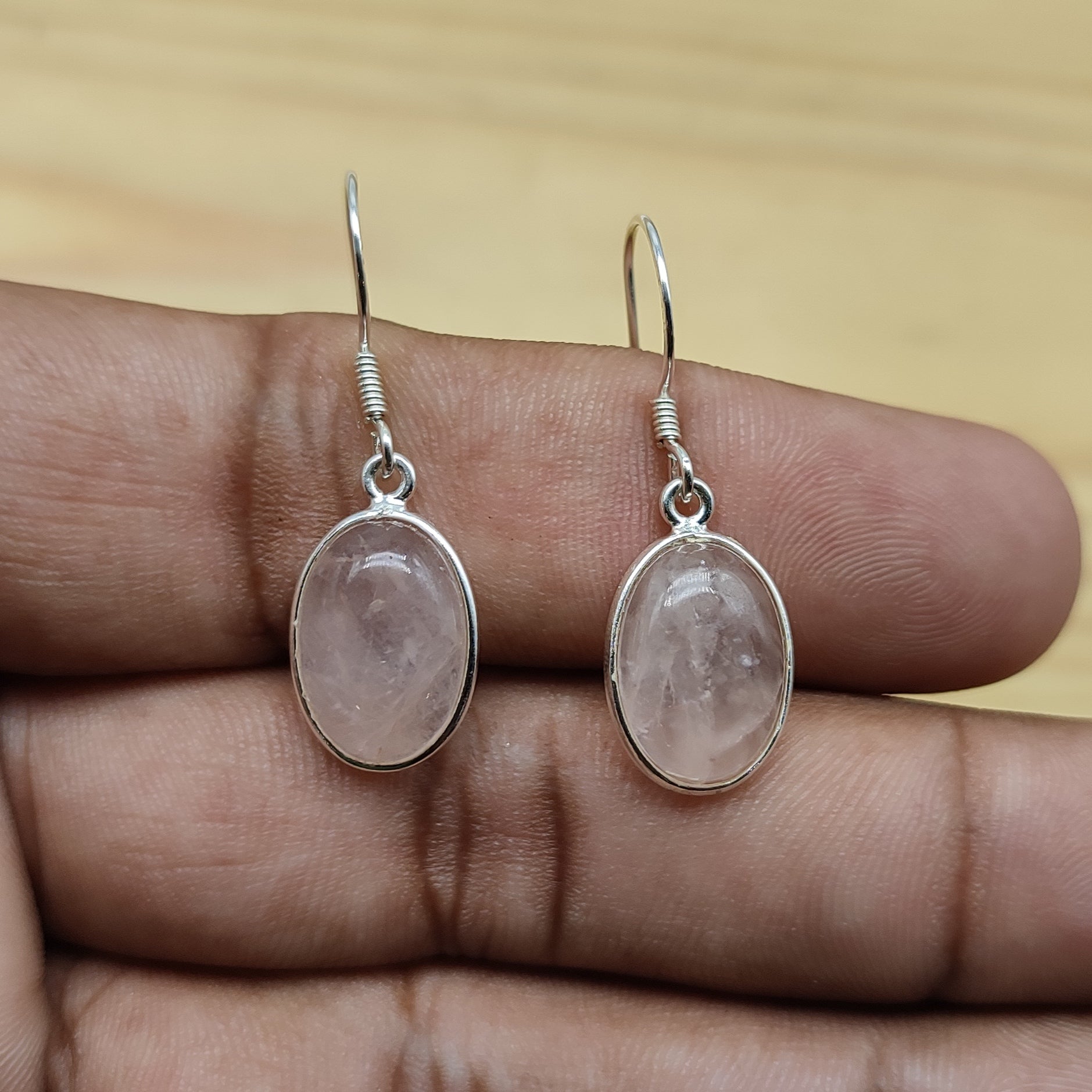925 Sterling Silver Rose Quartz Cabochon Oval Shape Earring