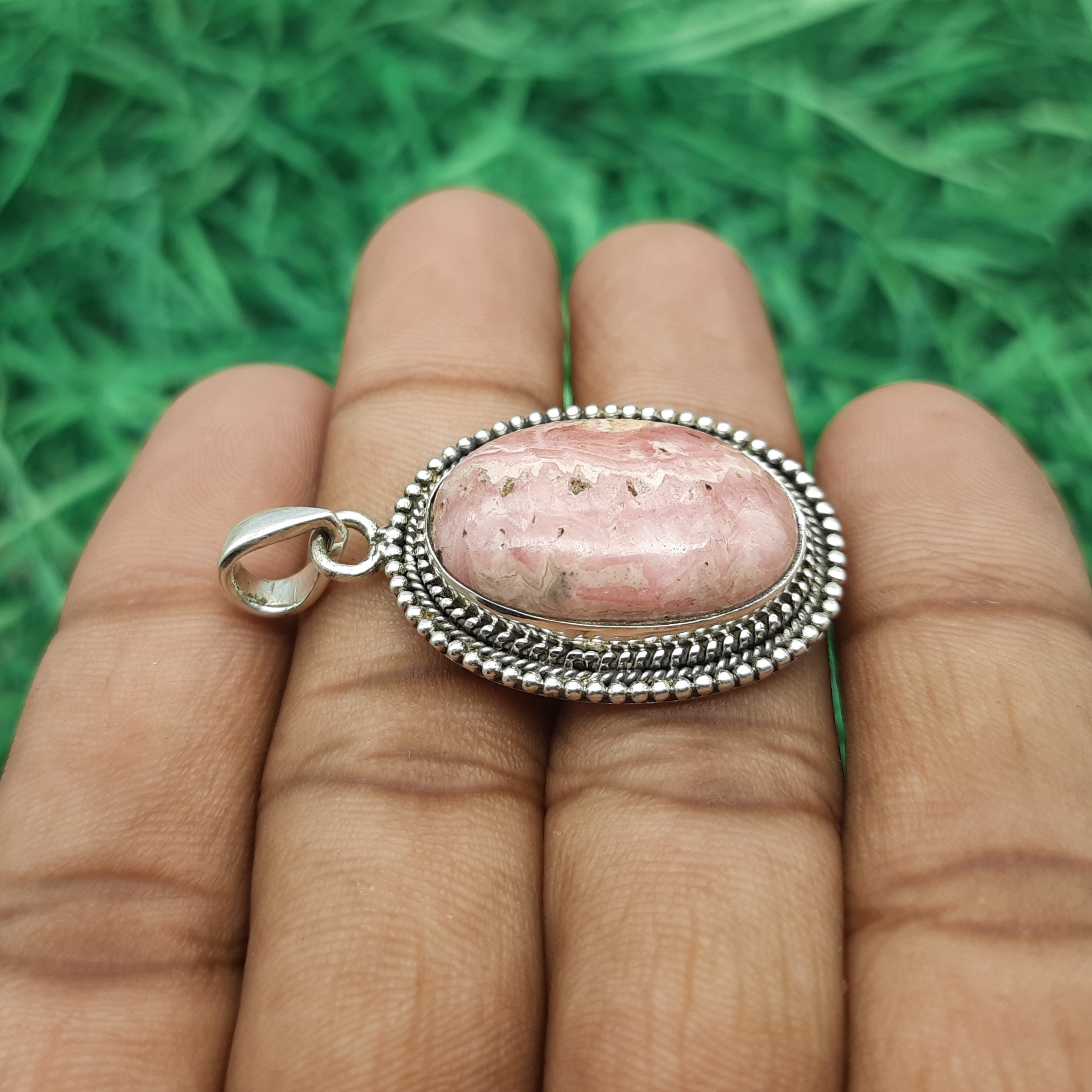 925 Sterling Silver Rhodochrosite Pendant – Natural Gemstone Nepali Artisan Bohemian Jewelry