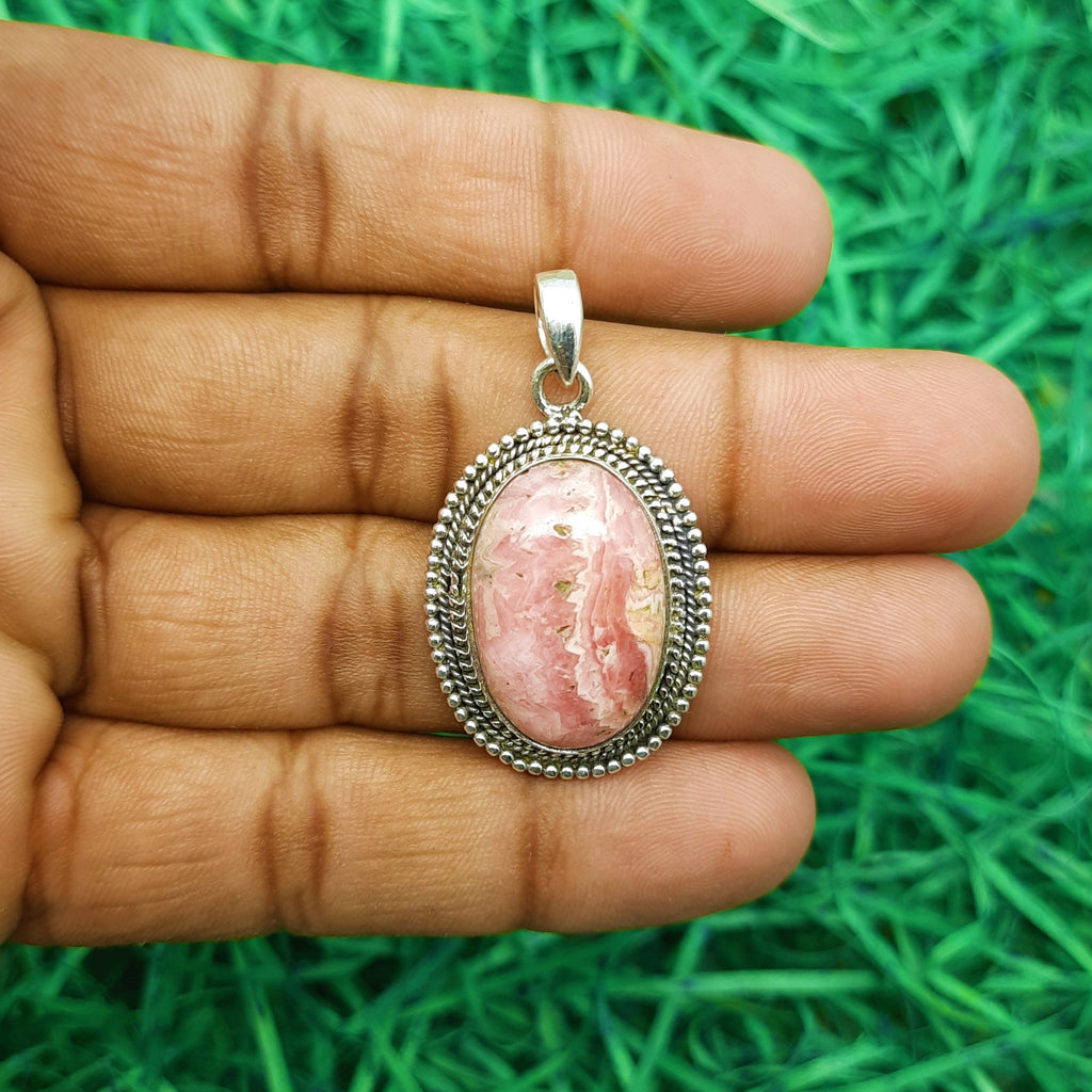 925 Sterling Silver Rhodochrosite Pendant – Natural Gemstone Nepali Artisan Bohemian Jewelry
