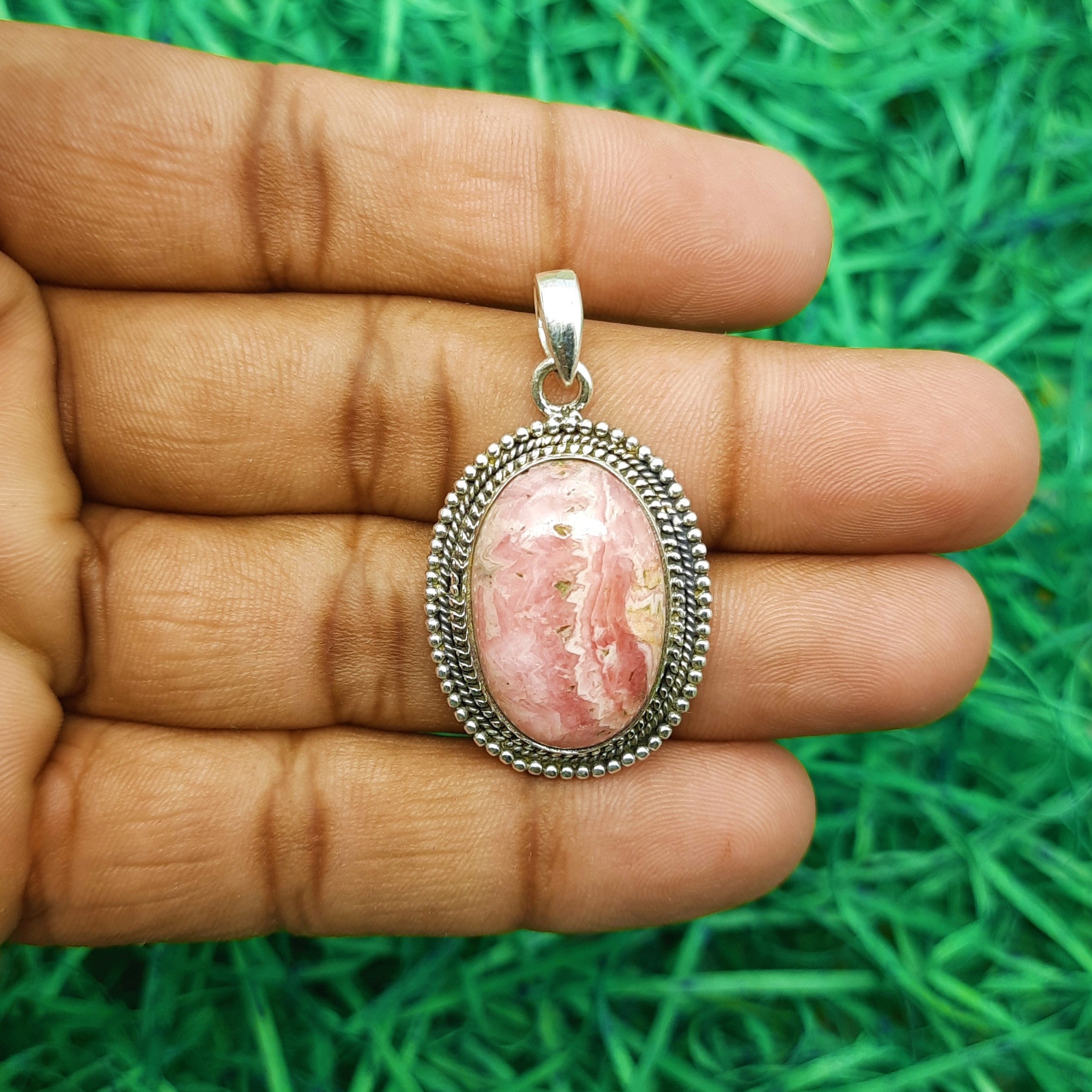 925 Sterling Silver Rhodochrosite Pendant – Natural Gemstone Nepali Artisan Bohemian Jewelry