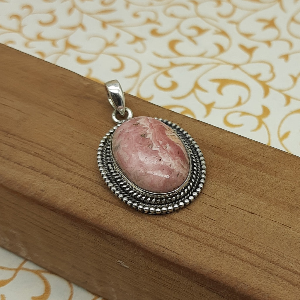 925 Sterling Silver Rhodochrosite Pendant – Natural Gemstone Nepali Artisan Bohemian Jewelry