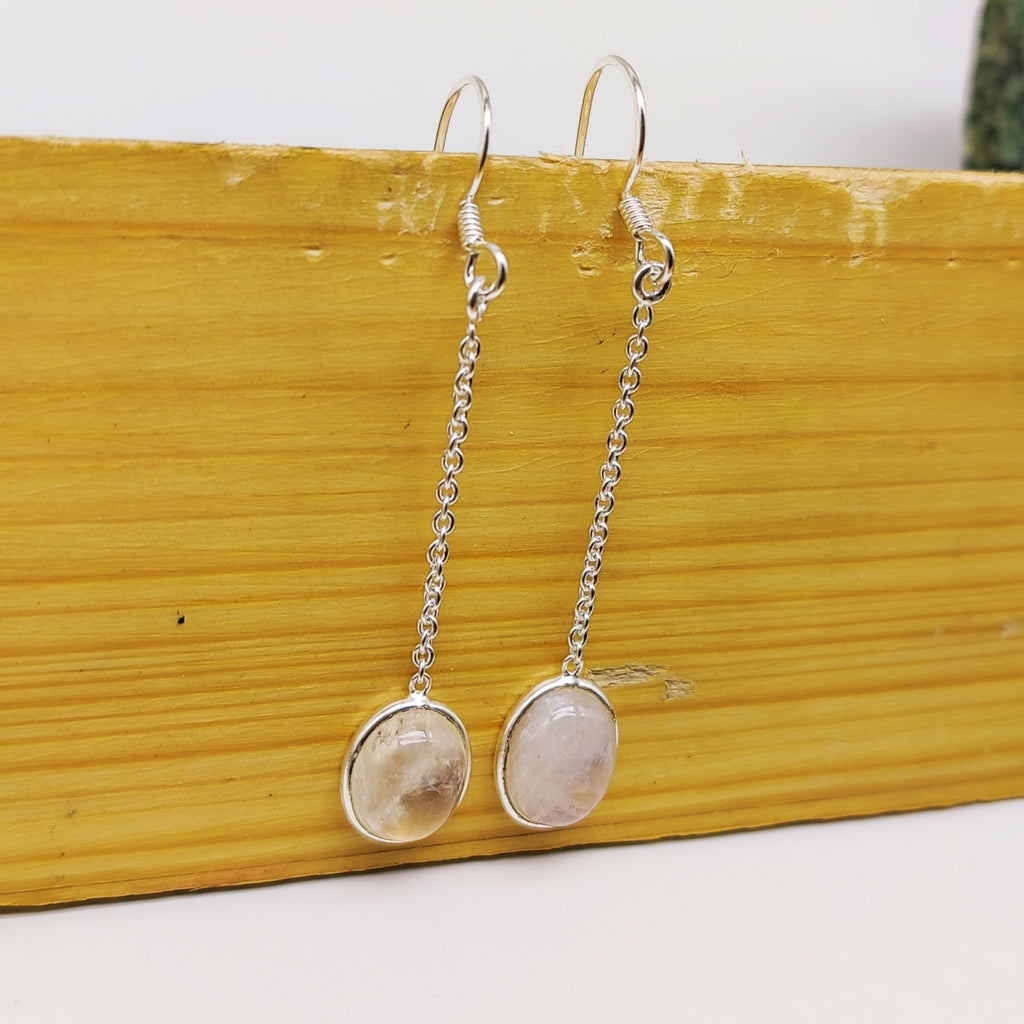 925 Sterling Silver Rose Quartz Cabochon Oval Shape Earring