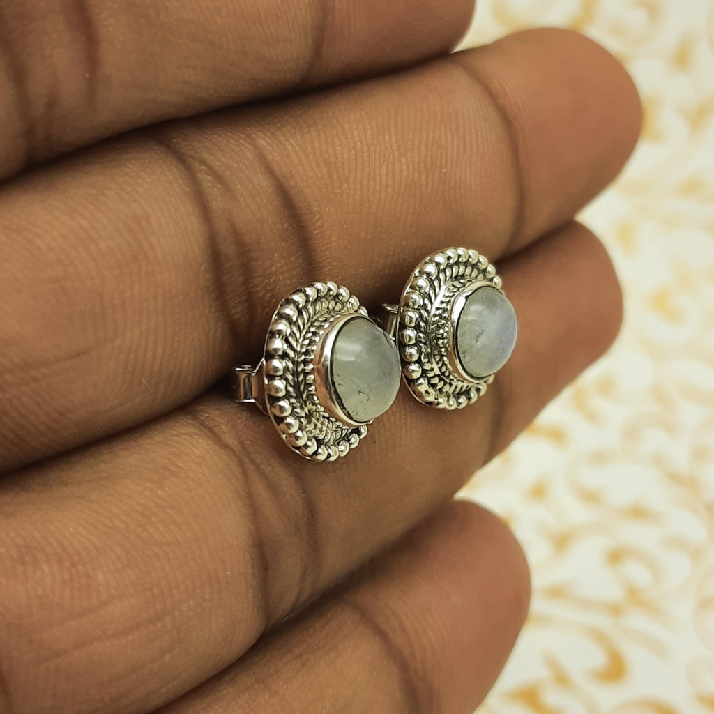 925 Sterling Silver Round  Moonstone Earrings - Elegant Design