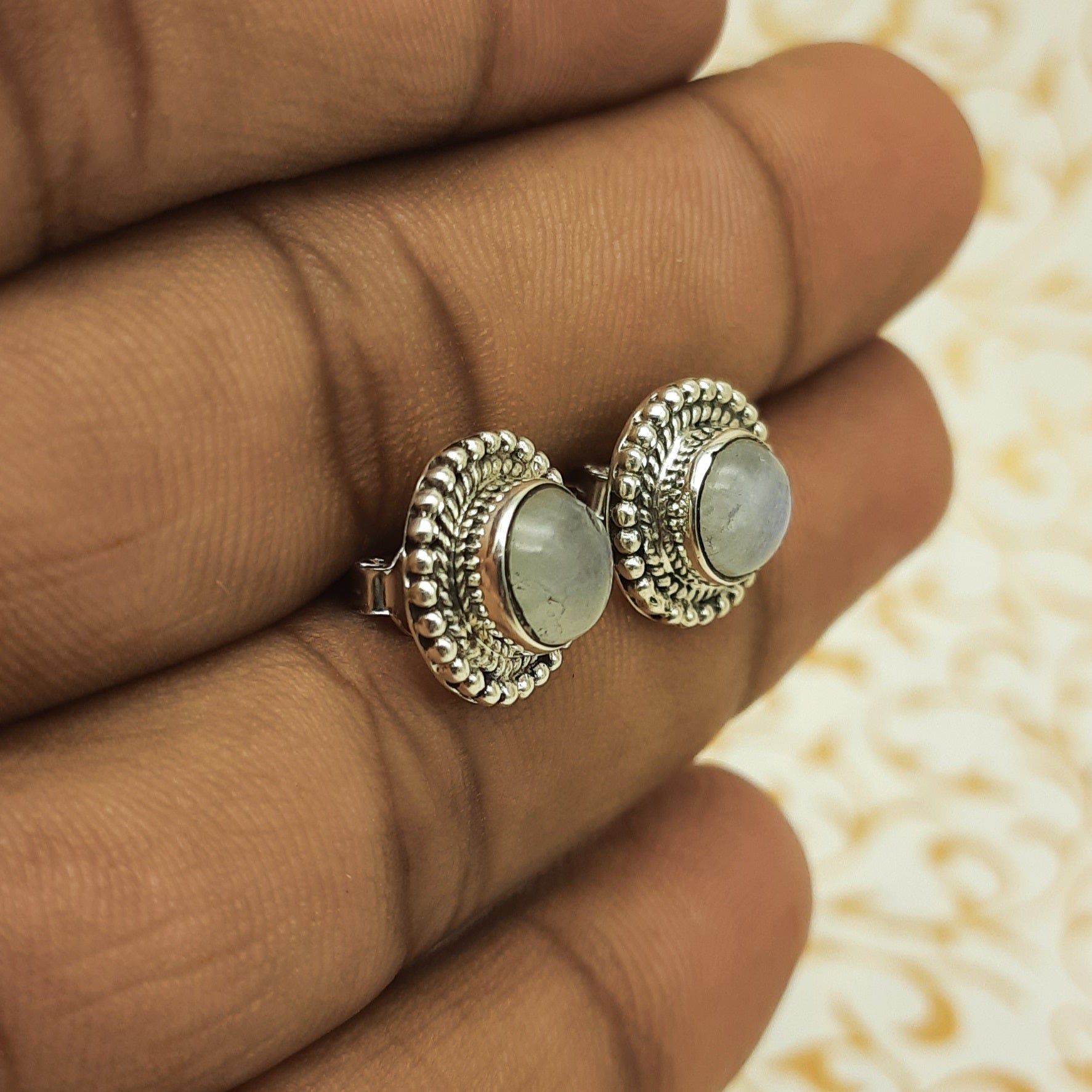 925 Sterling Silver Round  Moonstone Earrings - Elegant Design