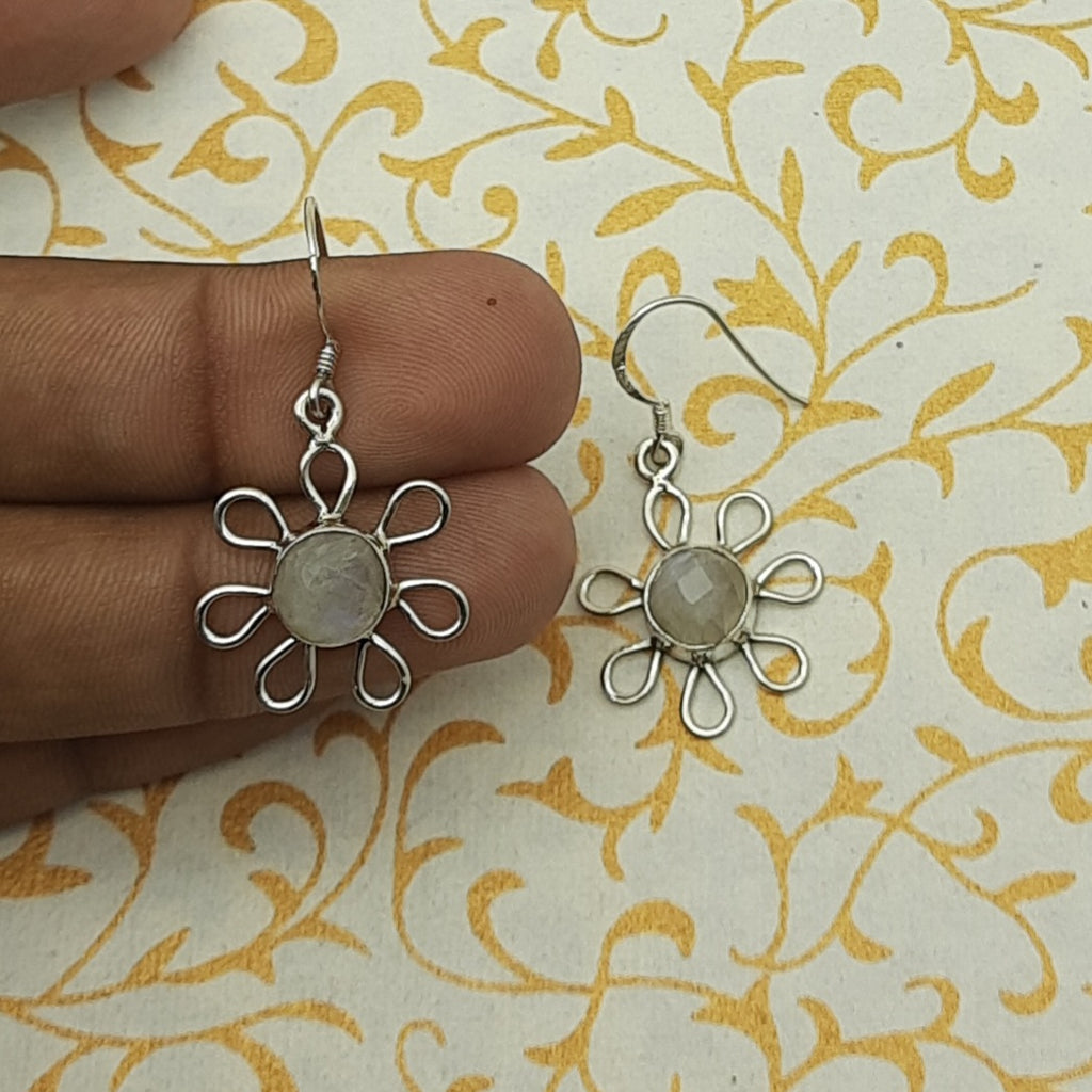 Natural Moonstone Round Earrings – 925 Sterling Silver Boho Jewelry