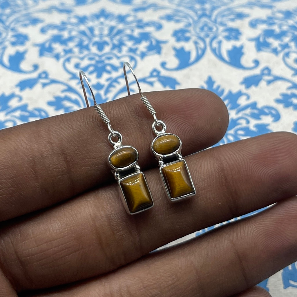 925 Sterling Silver Tiger Eye Oval & Rectangle Earrings – Dainty Minimal Jewelry