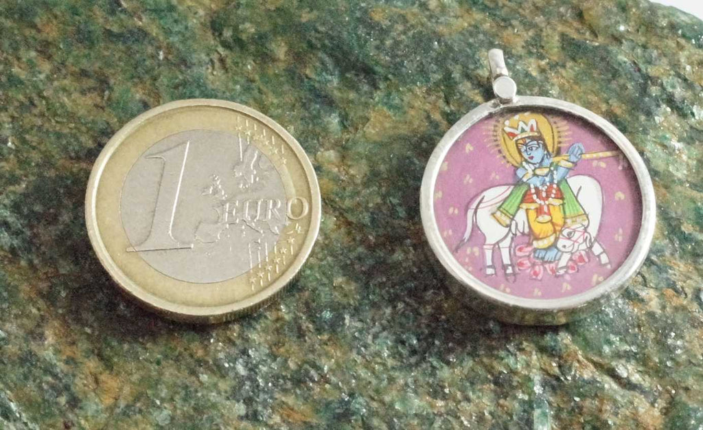 Krishna on Cow 925 Silver Handpainted Pendant Necklace