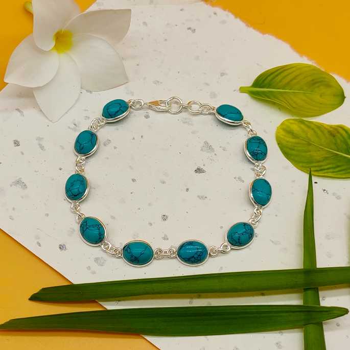 925 Silver Turquoise Oval Cabochon Bracelet – Handmade Natural Gemstone Jewelry