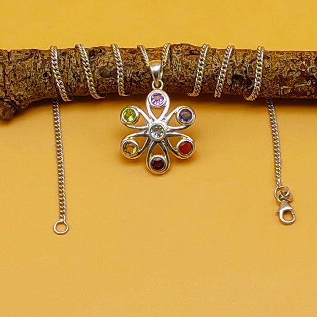 7 Chakra Flower Design 925 Silver Boho Necklace Handmade Pendant