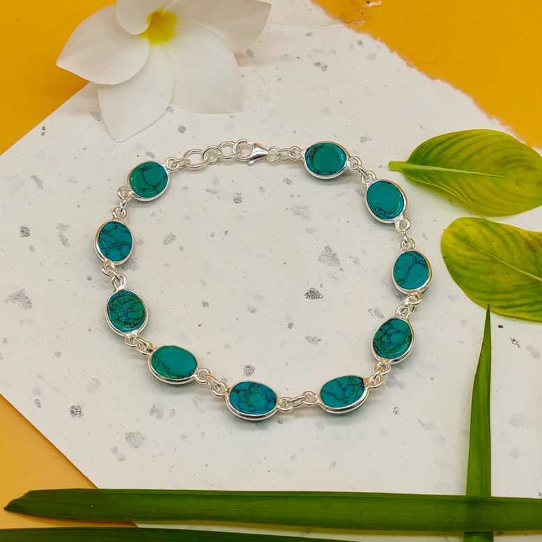 925 Silver Turquoise Oval Cabochon Bracelet – Handmade Natural Gemstone Jewelry