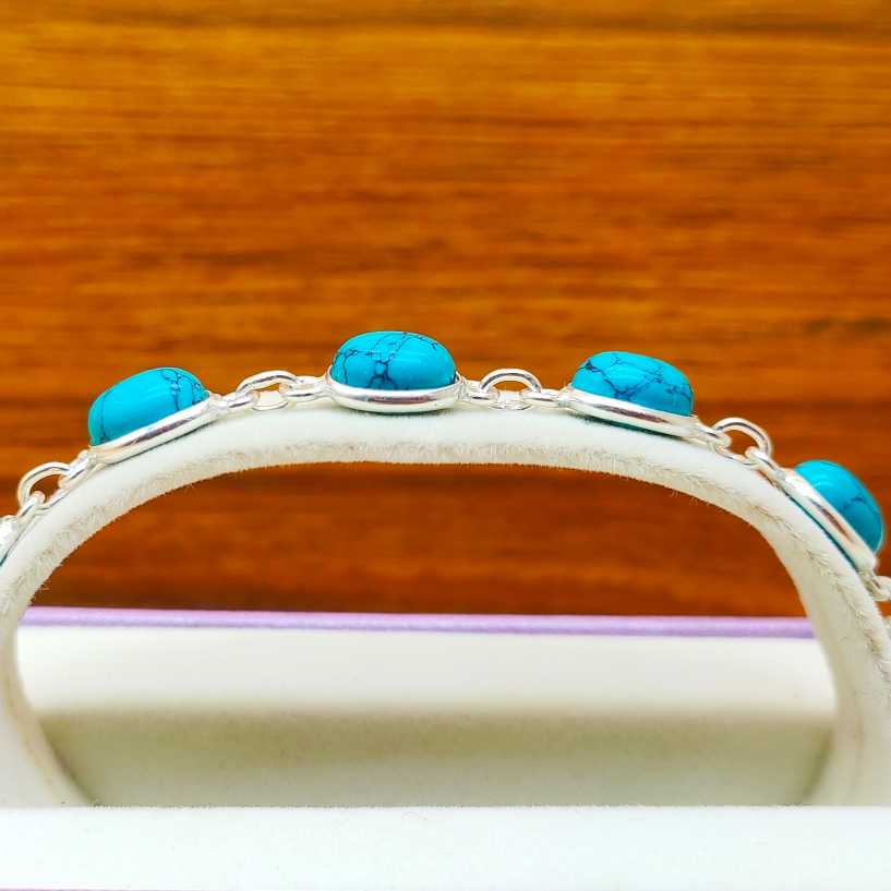 925 Silver Turquoise Oval Cabochon Bracelet – Handmade Natural Gemstone Jewelry