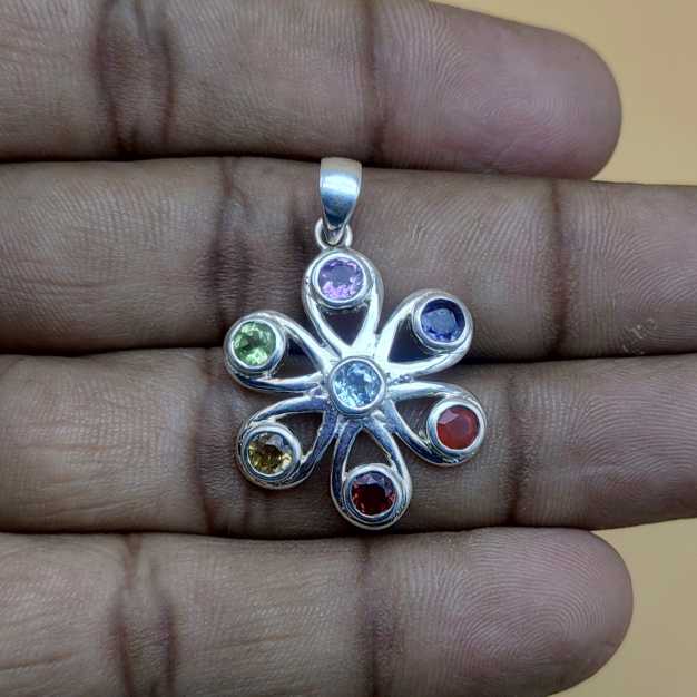 7 Chakra Flower Design 925 Silver Boho Necklace Handmade Pendant