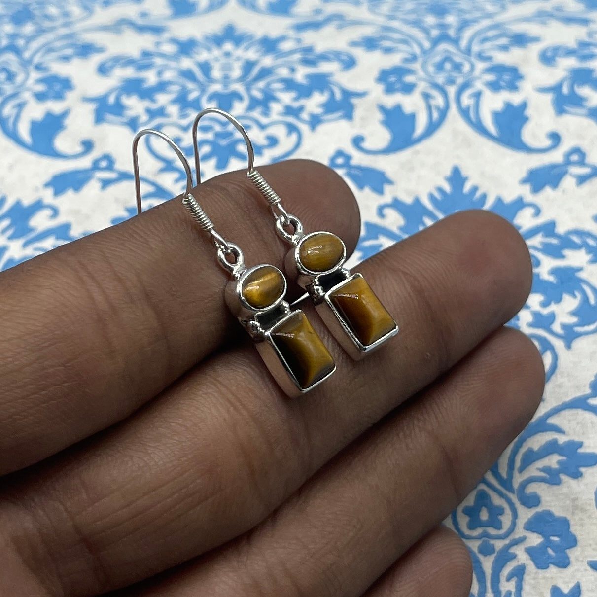 925 Sterling Silver Tiger Eye Oval & Rectangle Earrings – Dainty Minimal Jewelry