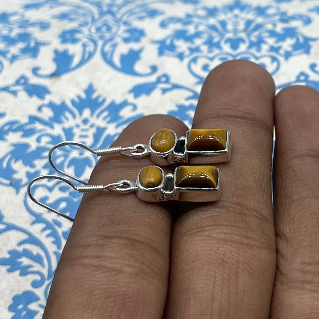 925 Sterling Silver Tiger Eye Oval & Rectangle Earrings – Dainty Minimal Jewelry