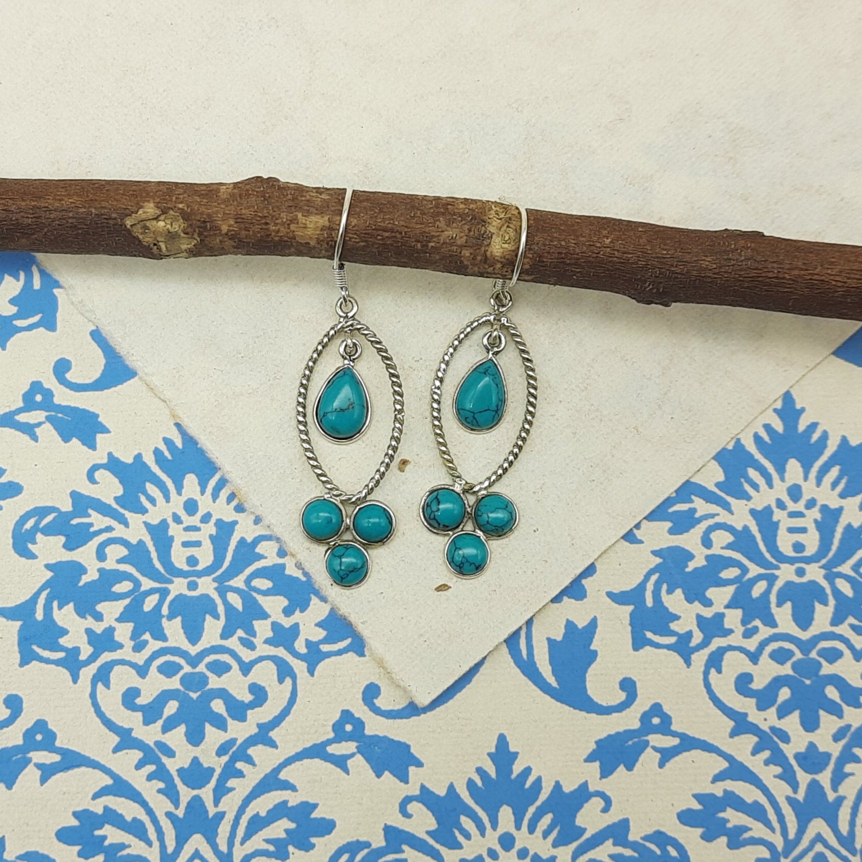 Turquoise Gemstone Round & Drop Earrings – Minimal Handmade Silver Jewelry