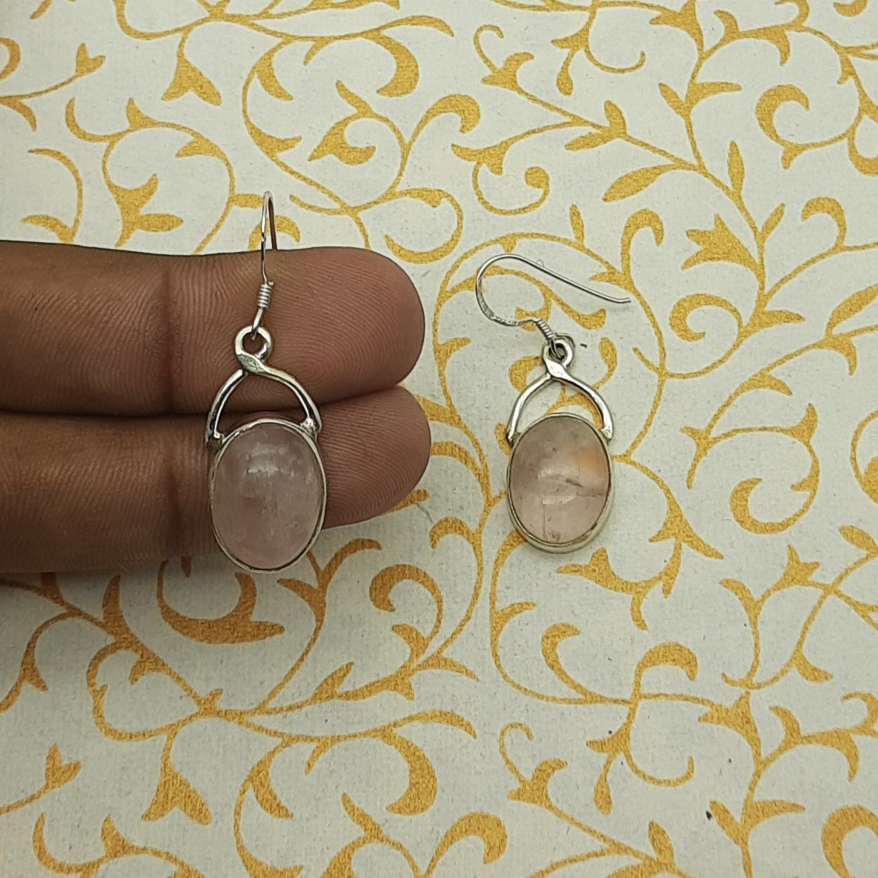 925 Sterling Silver Rose Quartz Cabochon Long Oval Shape Earring