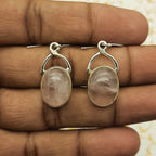 925 Sterling Silver Rose Quartz Cabochon Long Oval Shape Earring