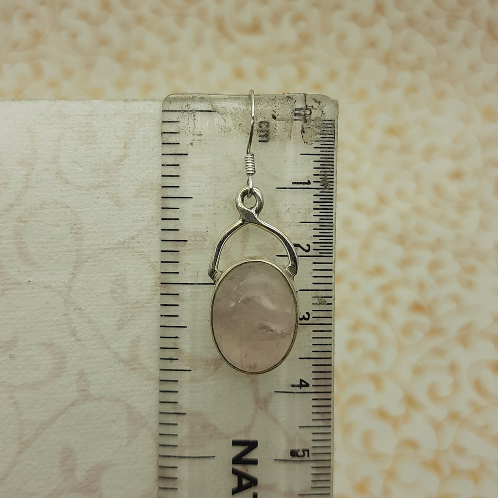 925 Sterling Silver Rose Quartz Cabochon Long Oval Shape Earring