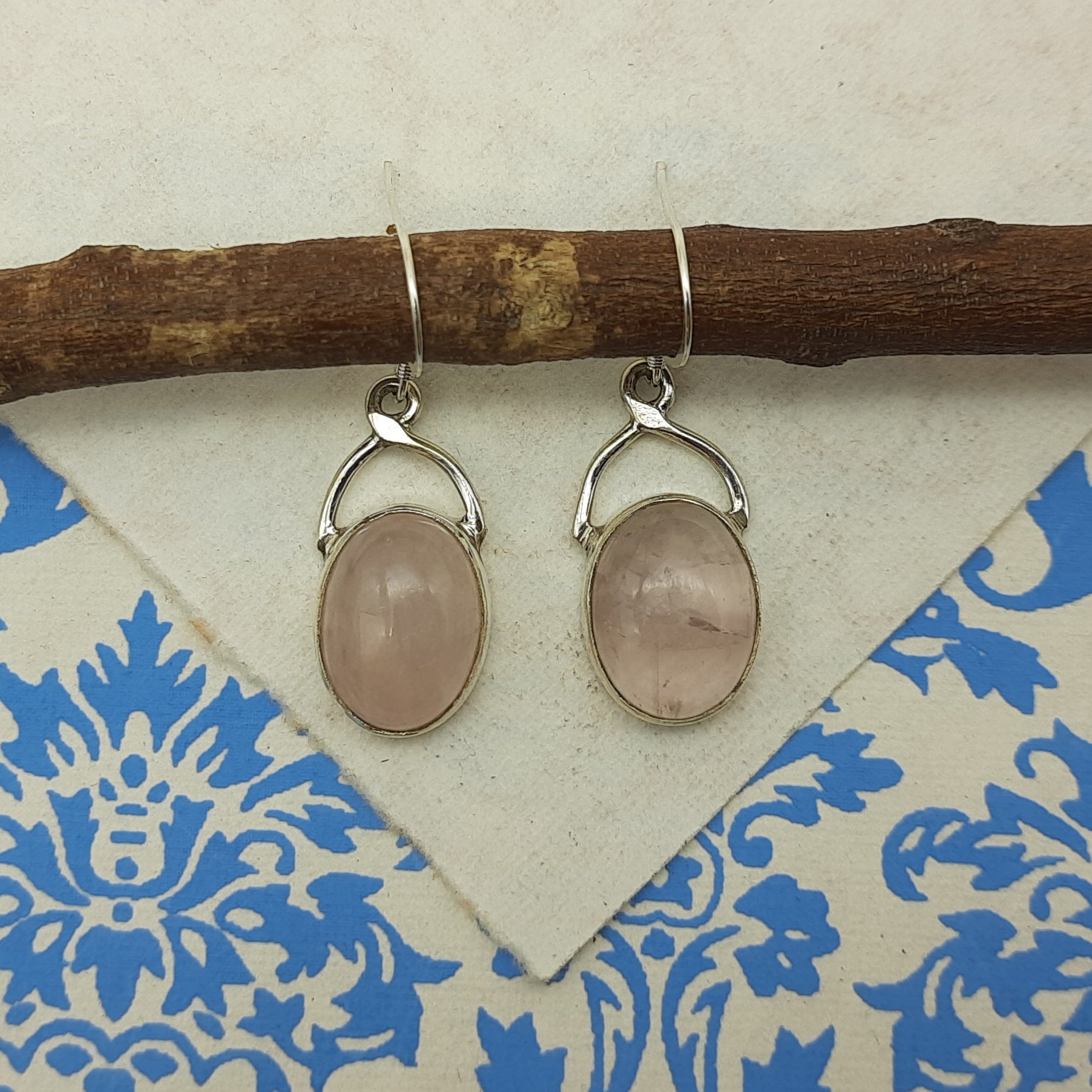 925 Sterling Silver Rose Quartz Cabochon Long Oval Shape Earring
