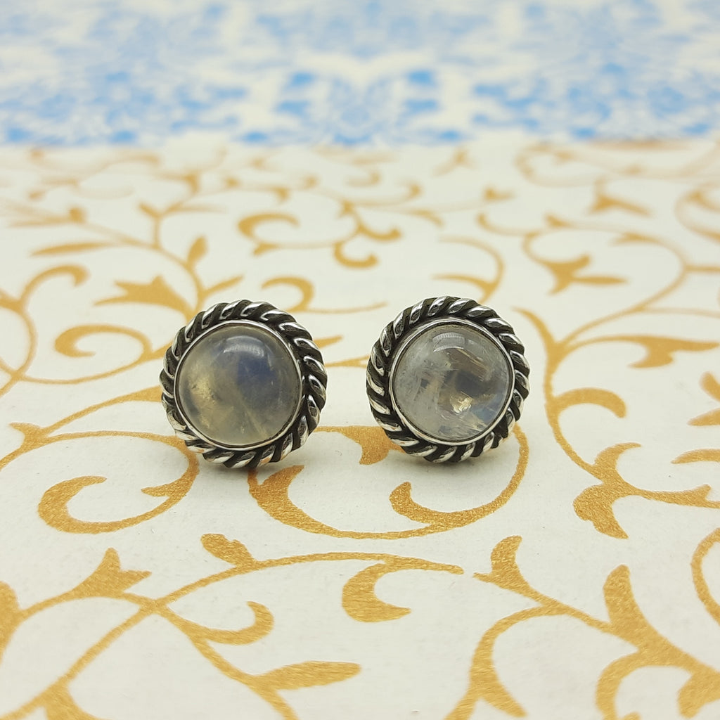 Natural Moonstone Round Earrings – 925 Sterling Silver Boho Jewelry