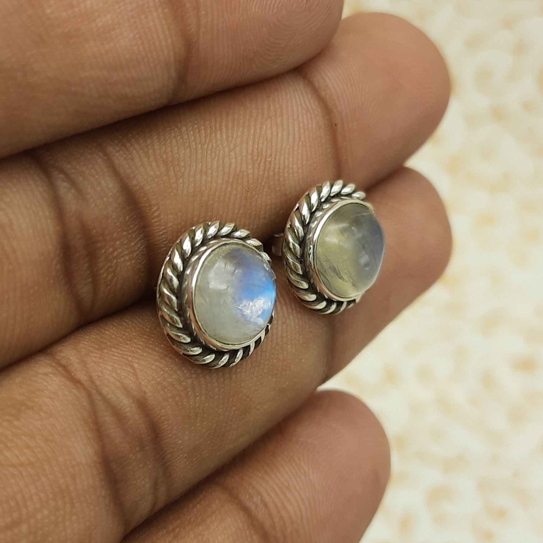 Natural Moonstone Round Earrings – 925 Sterling Silver Boho Jewelry