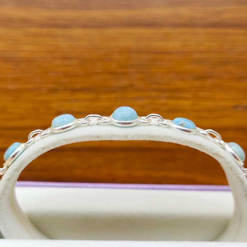 Round Shape Larimar Gemstone Handmade 925 Silver Bezel Bracelet