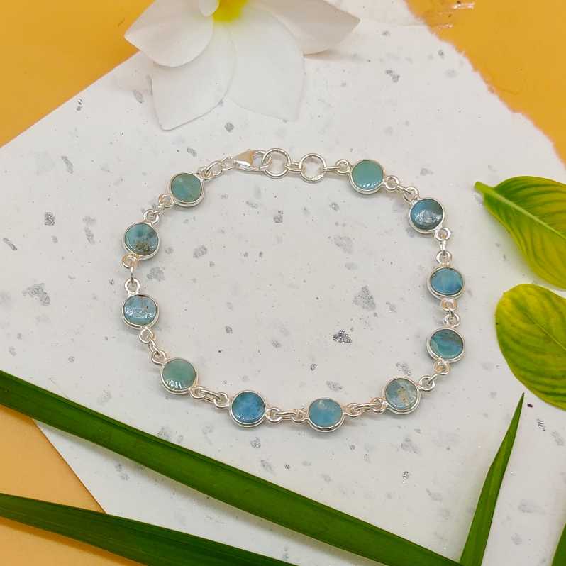 Round Shape Larimar Gemstone Handmade 925 Silver Bezel Bracelet