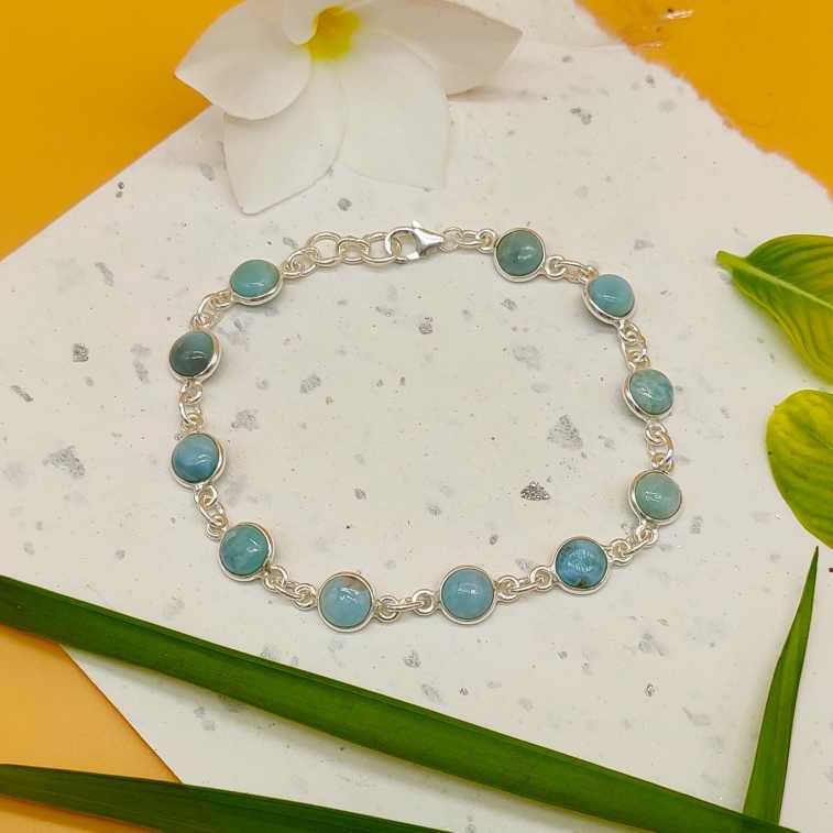 Round Shape Larimar Gemstone Handmade 925 Silver Bezel Bracelet