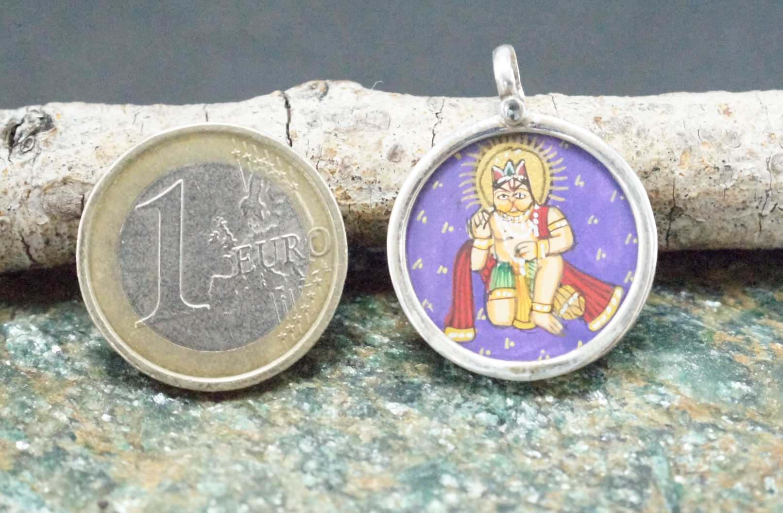 925 Silver Hanuman Handpainted Glass Pendant Designer Frame