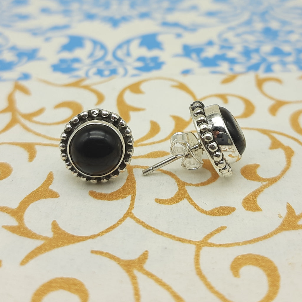 Natural Black Onyx Round Shape Bohemian Designer Earring 925 Solid Silver