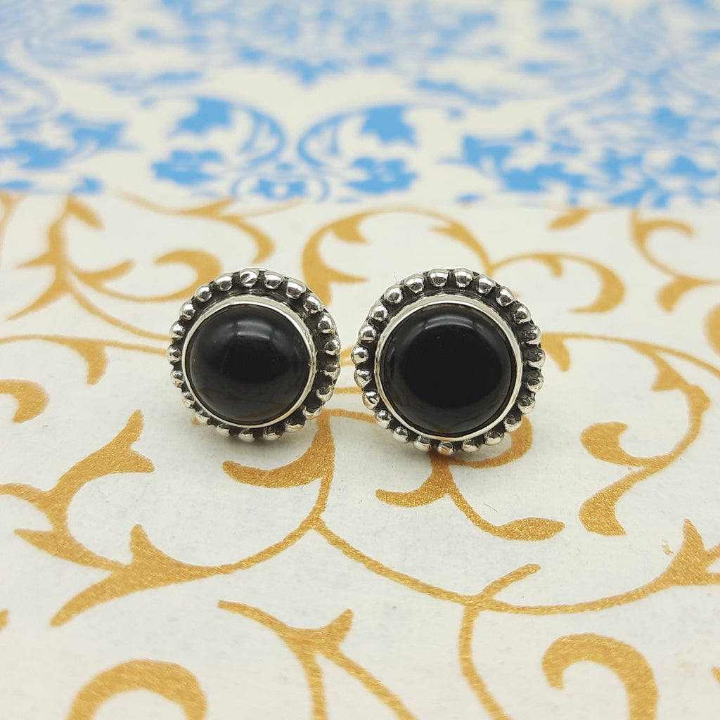 Natural Black Onyx Round Shape Bohemian Designer Earring 925 Solid Silver