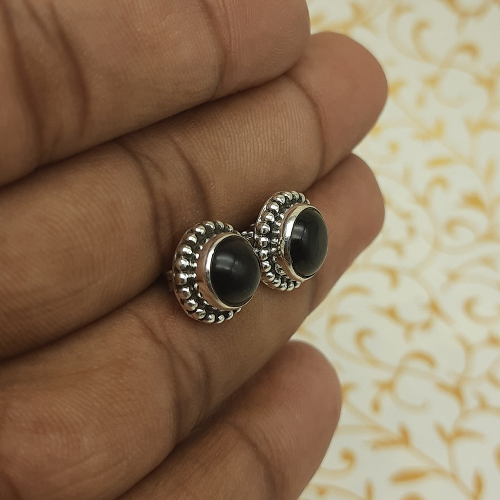 Natural Black Onyx Round Shape Bohemian Designer Earring 925 Solid Silver