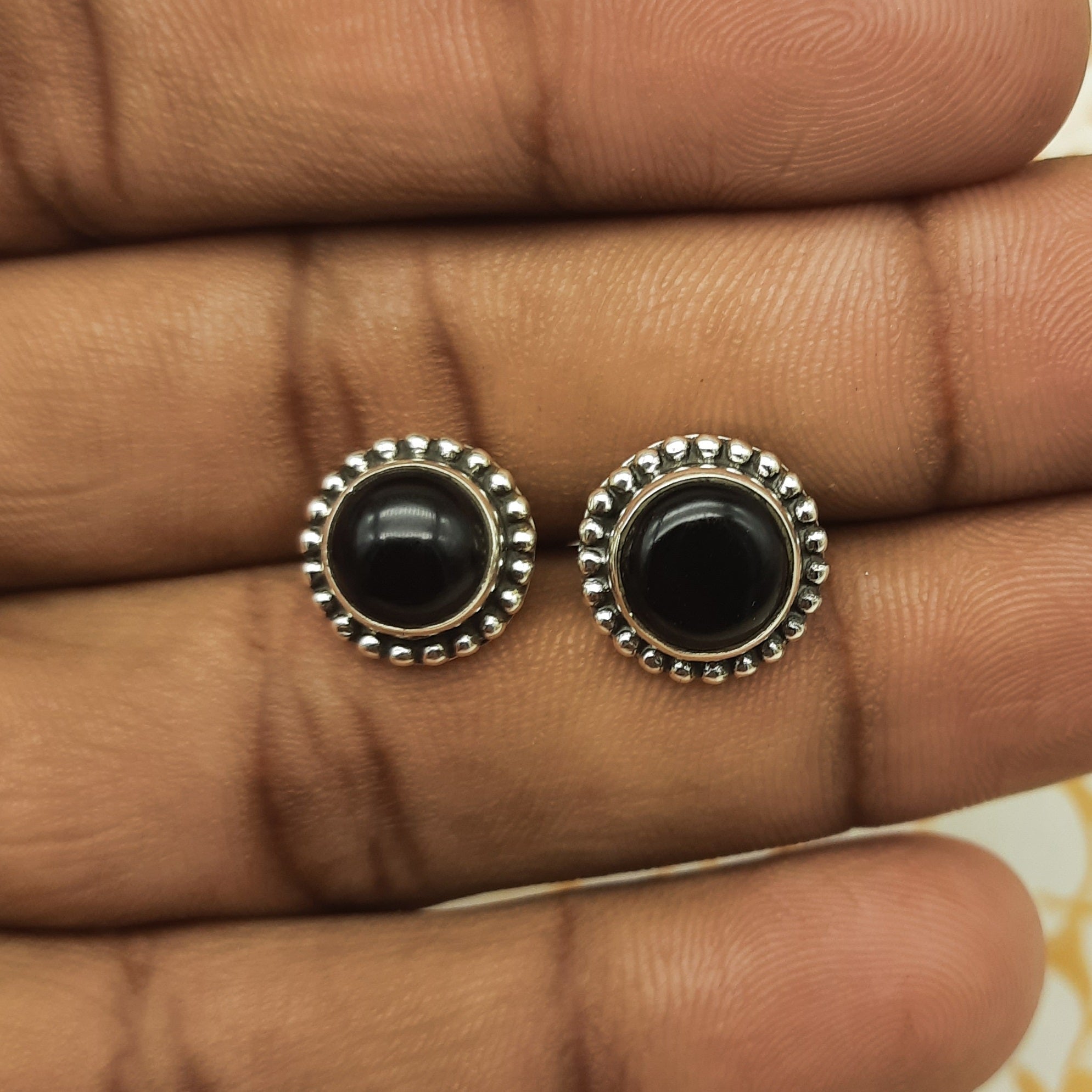 Natural Black Onyx Round Shape Bohemian Designer Earring 925 Solid Silver