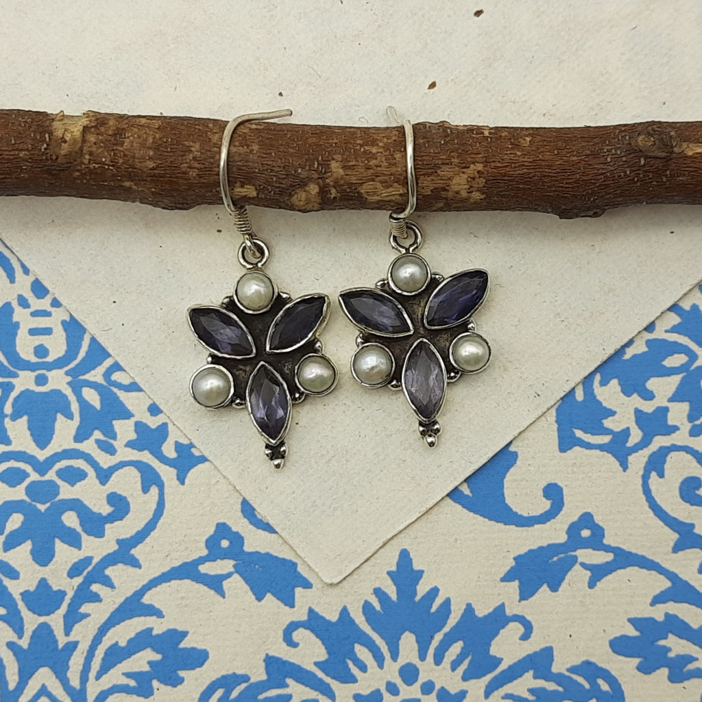 Minimal Amethyst & Pearl Jewelry – 925 Silver Handmade Dangle Earrings