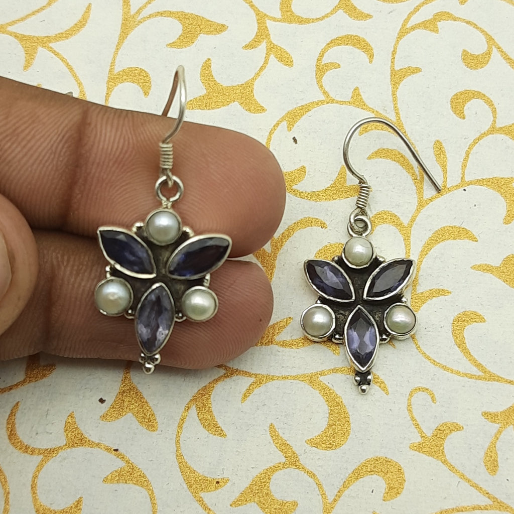 Minimal Amethyst & Pearl Jewelry – 925 Silver Handmade Dangle Earrings
