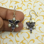 Minimal Amethyst & Pearl Jewelry – 925 Silver Handmade Dangle Earrings