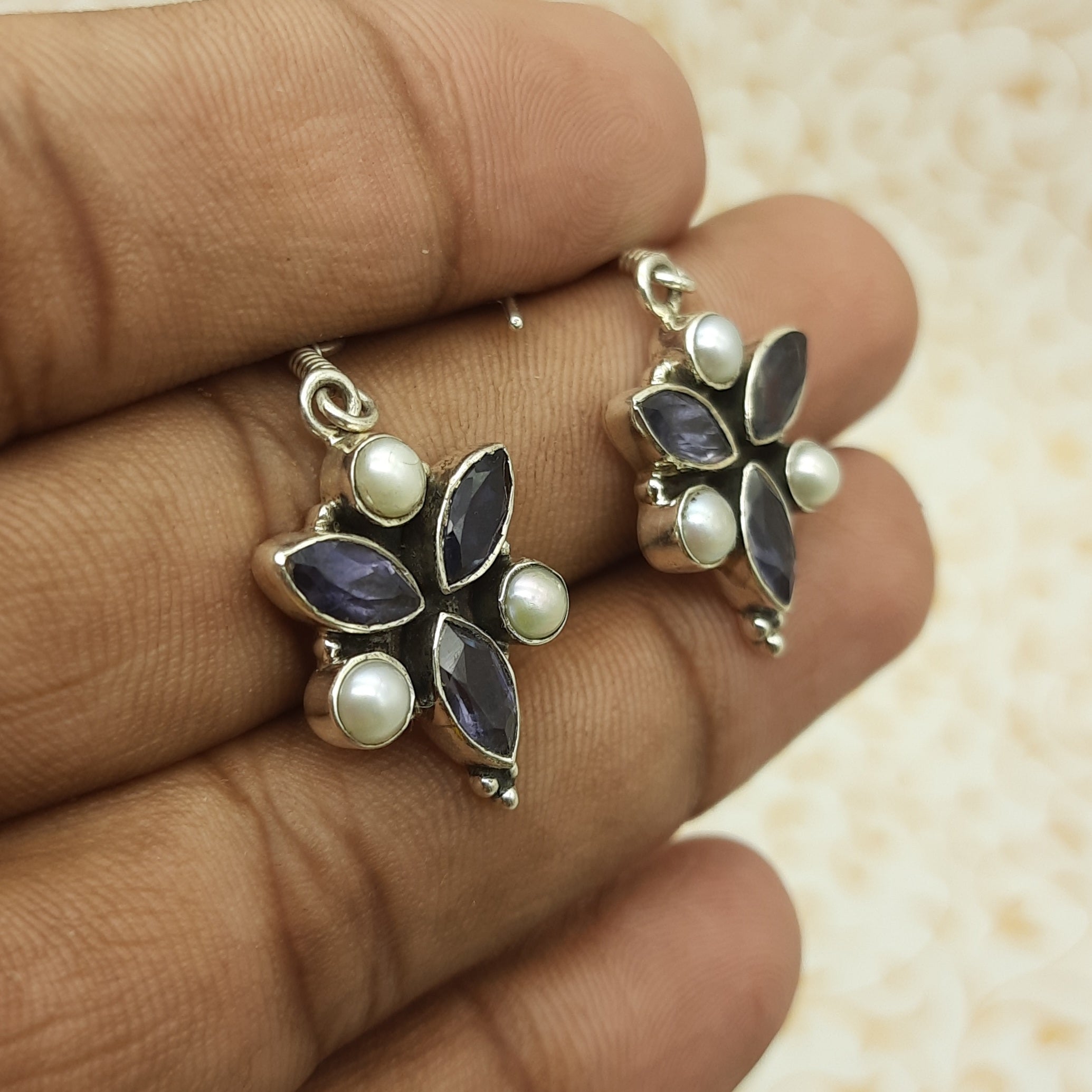 Minimal Amethyst & Pearl Jewelry – 925 Silver Handmade Dangle Earrings
