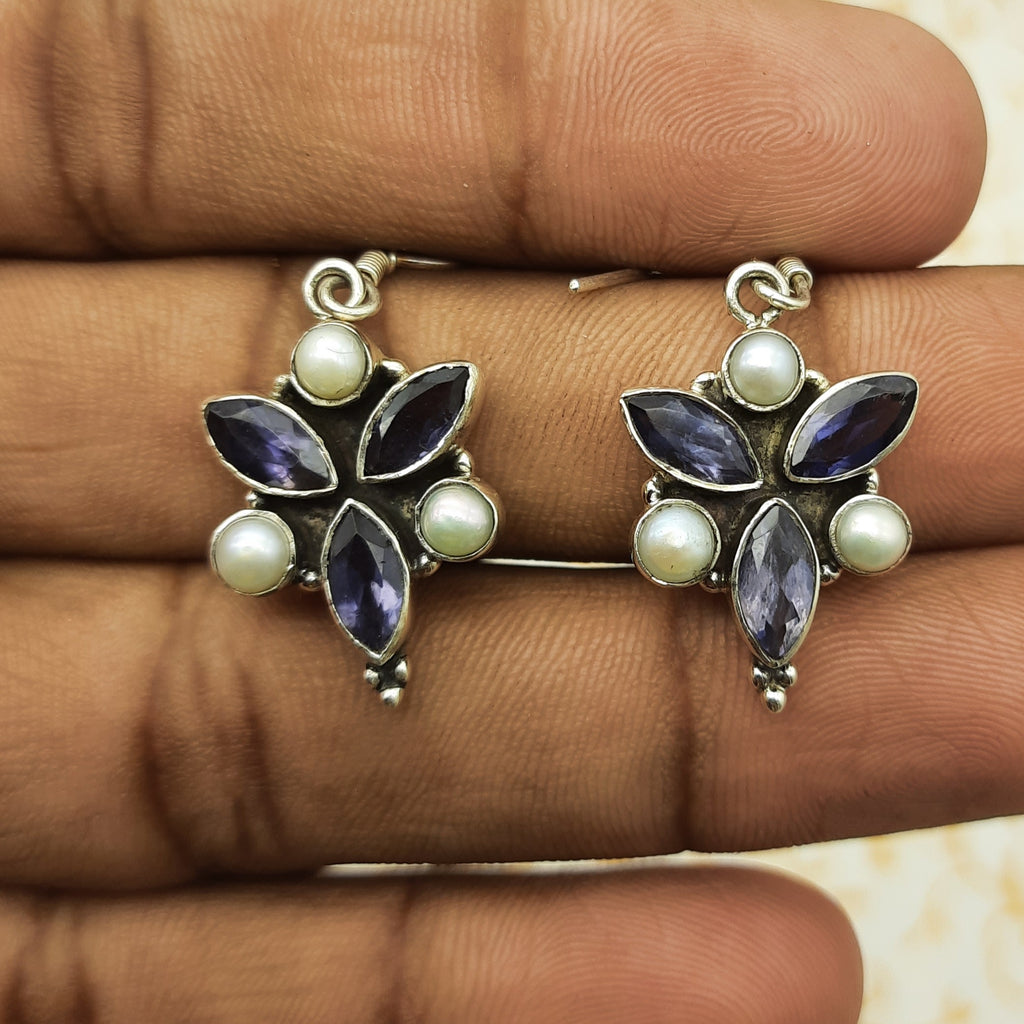 Minimal Amethyst & Pearl Jewelry – 925 Silver Handmade Dangle Earrings