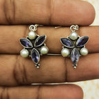 Minimal Amethyst & Pearl Jewelry – 925 Silver Handmade Dangle Earrings