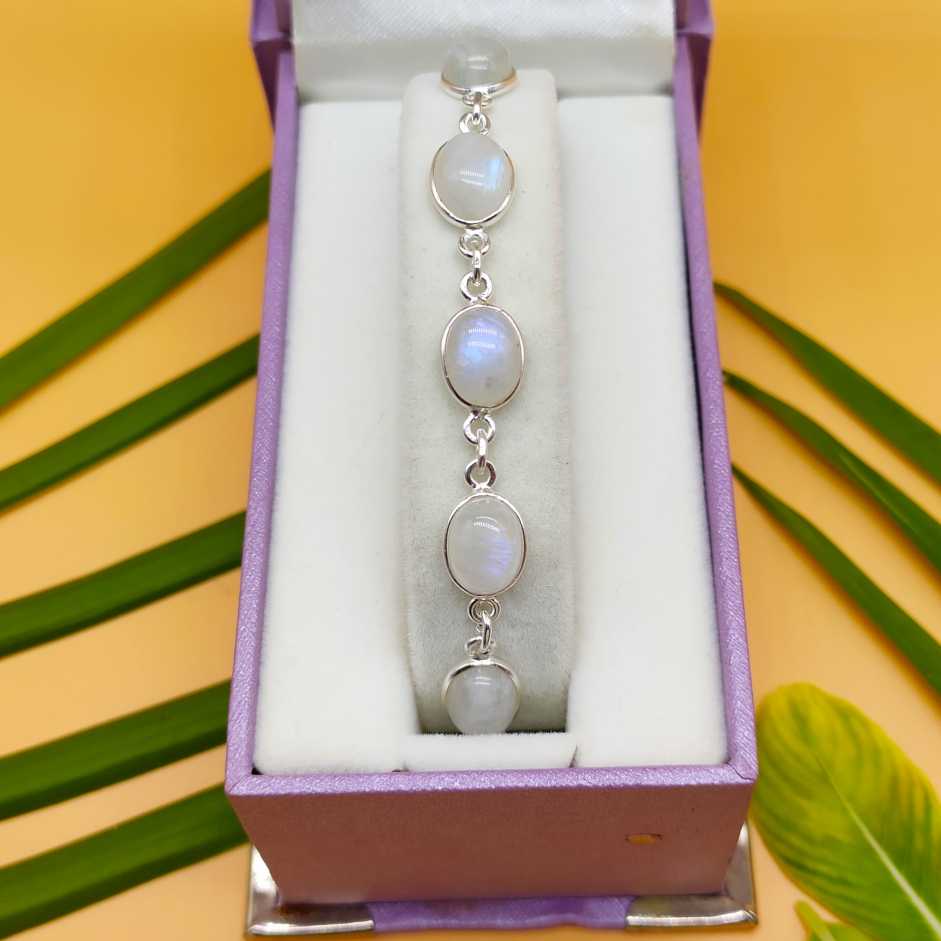 Oval Shape Rainbow Moonstone Gemstone Handmade 925 Silver Bezel Bracelet