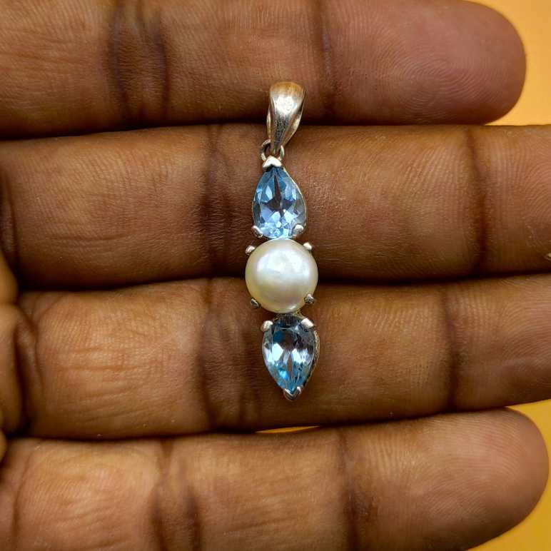 Blue Topaz Pearl 925 Silver Designer Necklace Gift Wholesale