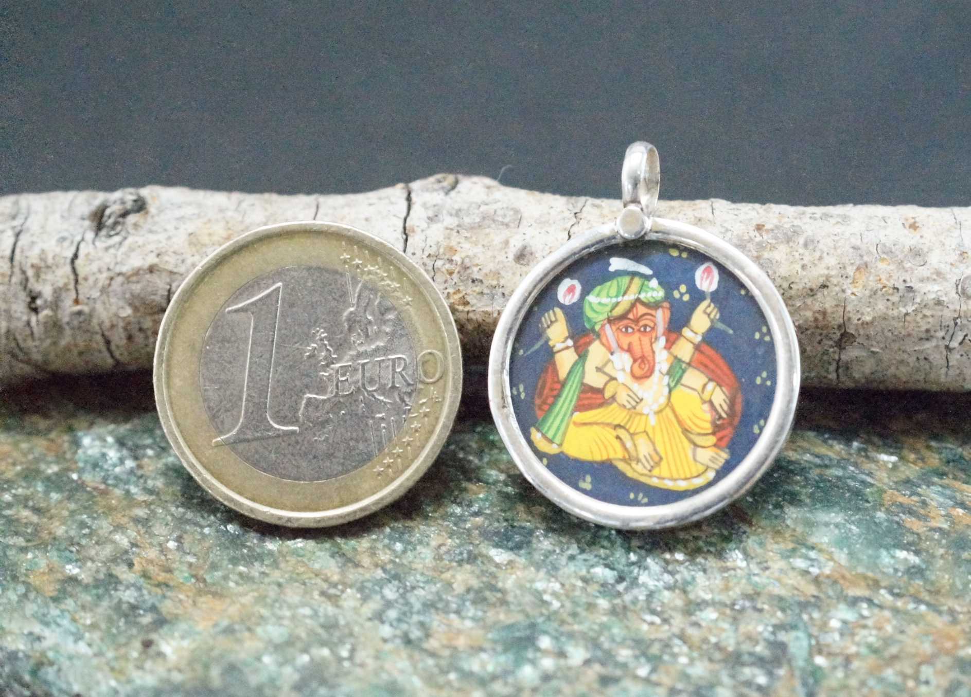 925 Silver Ganesha Handpainted Glass Pendant Designer Frame