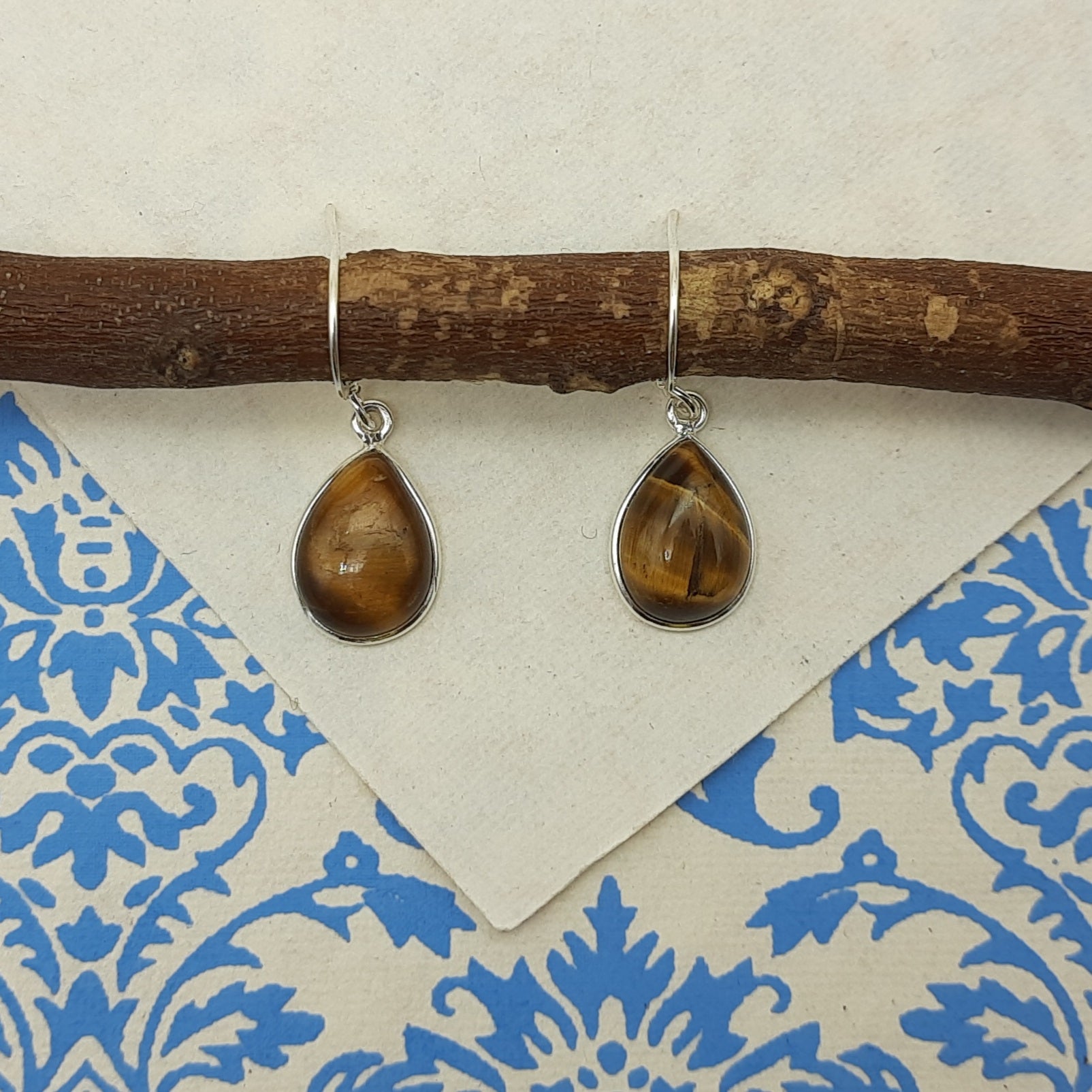 Elegant Tiger Eye Teardrop Dangle Earrings in Sterling Silver