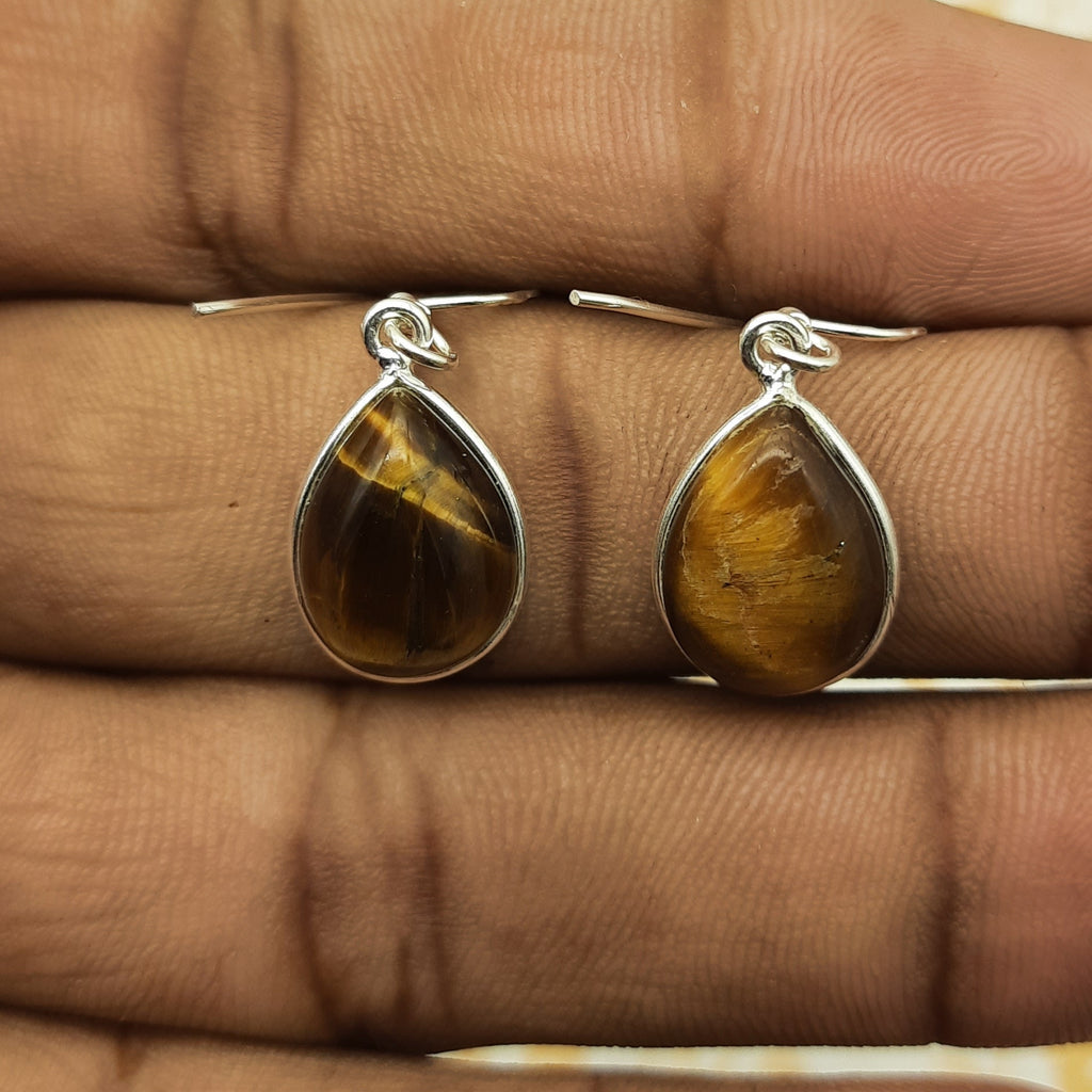 Elegant Tiger Eye Teardrop Dangle Earrings in Sterling Silver