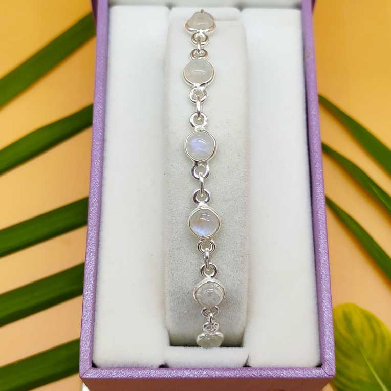 Round Shape Rainbow Moonstone Gemstone Handmade 925 Silver Bezel Bracelet