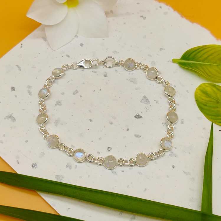 Round Shape Rainbow Moonstone Gemstone Handmade 925 Silver Bezel Bracelet