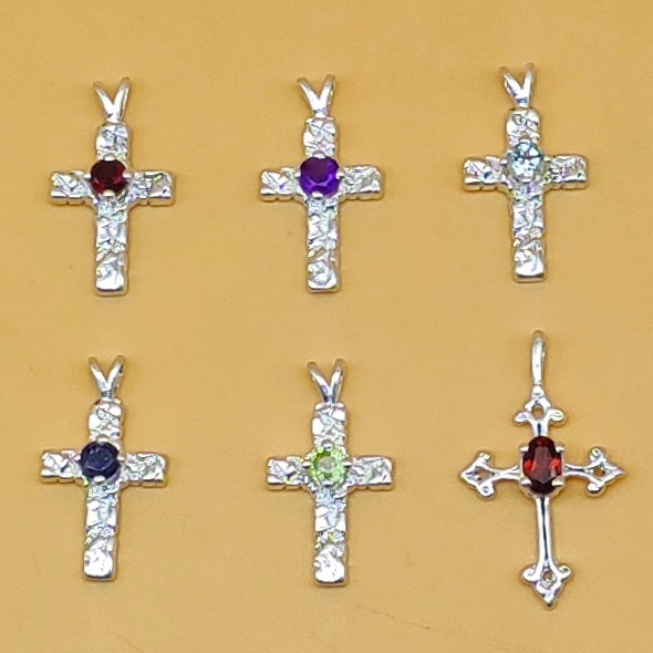 Christian Cross 925 Silver Pendant Faceted Gemstone Necklace ___