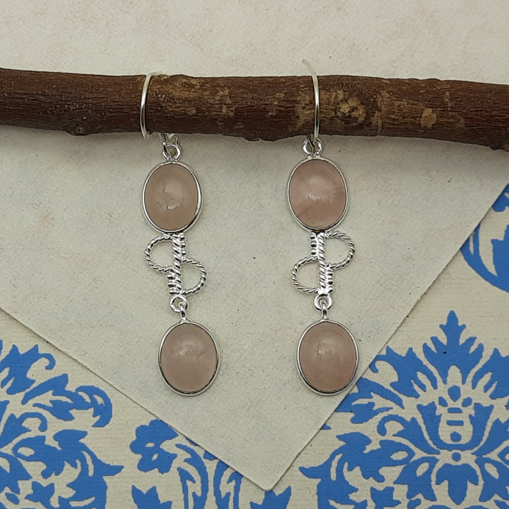 925 Sterling Silver Rose Quartz Cabochon Oval Shape Earring